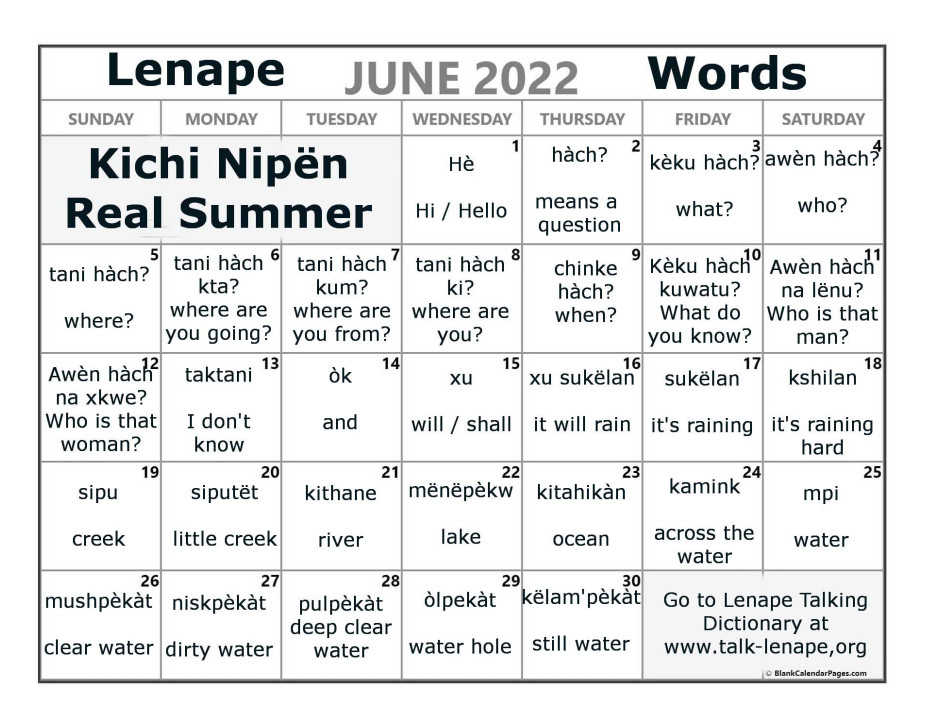 June 2022 Lenape Word-a-Day Calendar