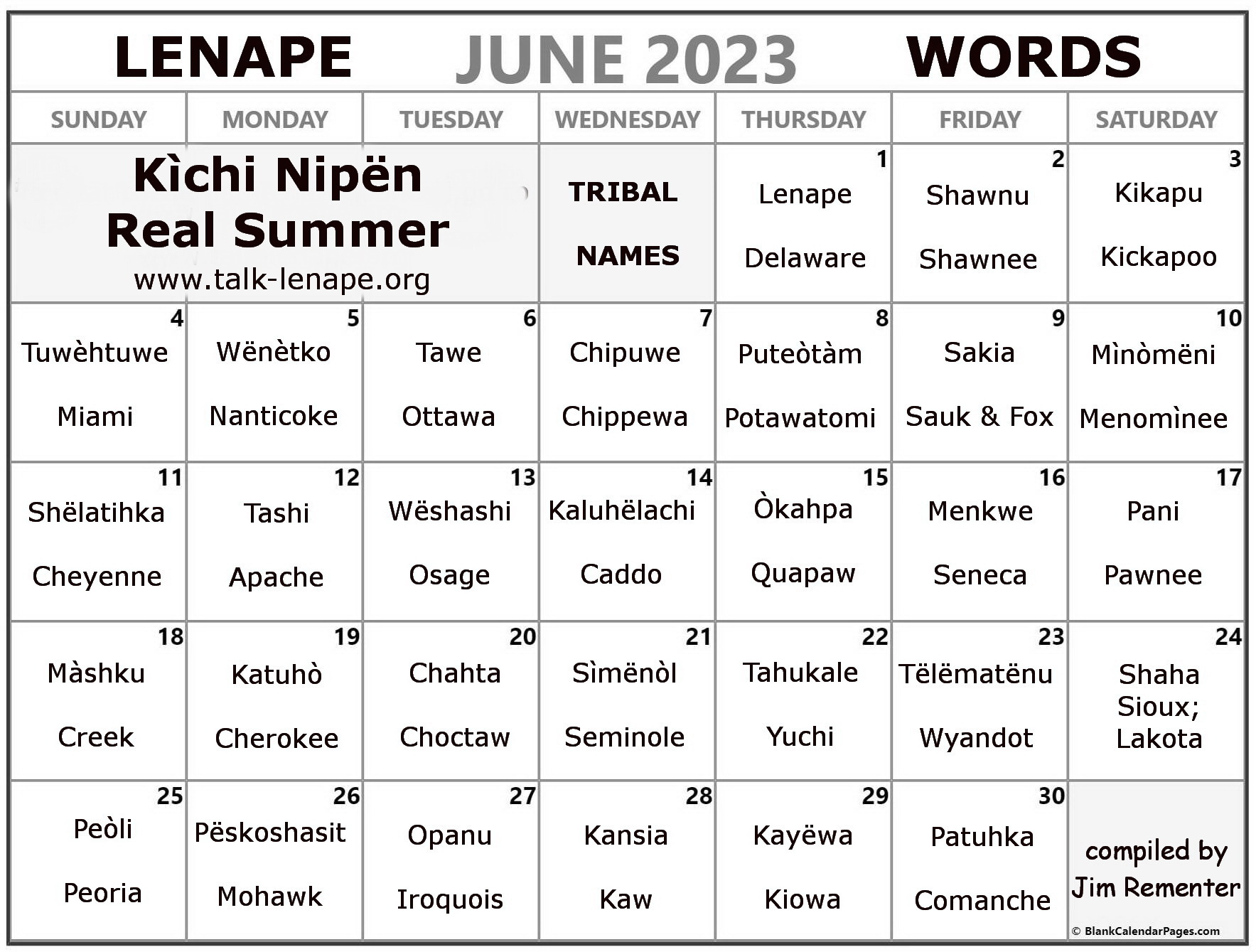 June 2023 Lenape Word-a-Day Calendar