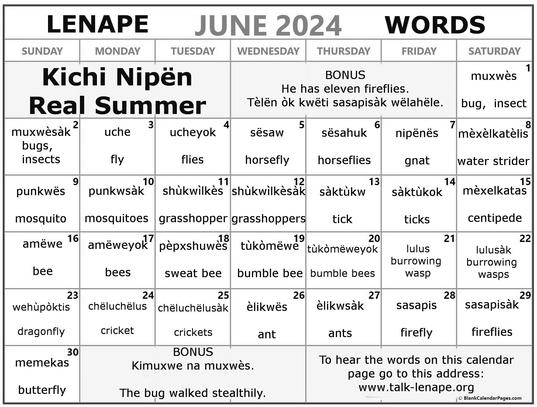 June 2024 Lenape Word-a-Day Calendar