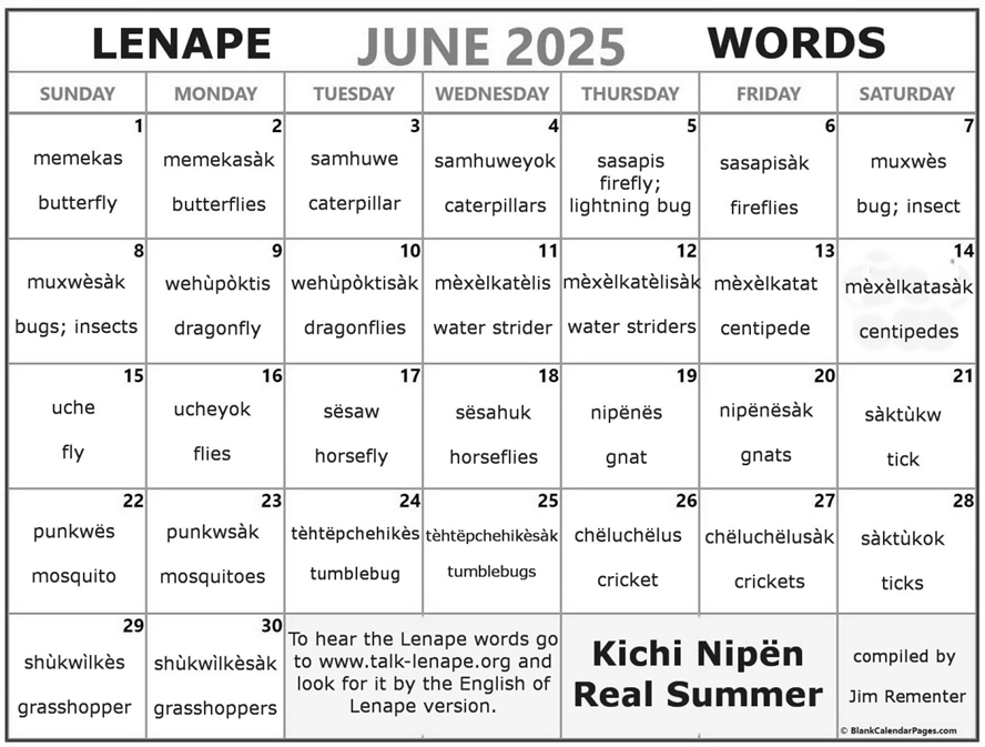 June 2025 Lenape Word-a-Day Calendar