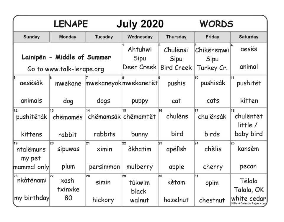 July 2020 Lenape Word-a-Day Calendar