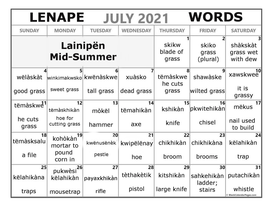 July 2021 Lenape Word-a-Day Calendar
