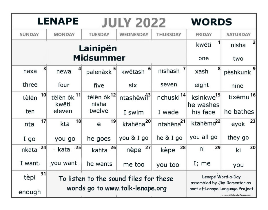 July 2022 Lenape Word-a-Day Calendar