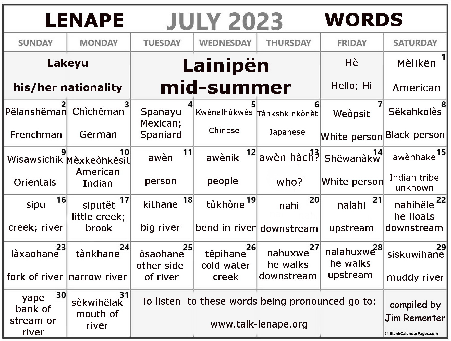 July 2023 Lenape Word-a-Day Calendar