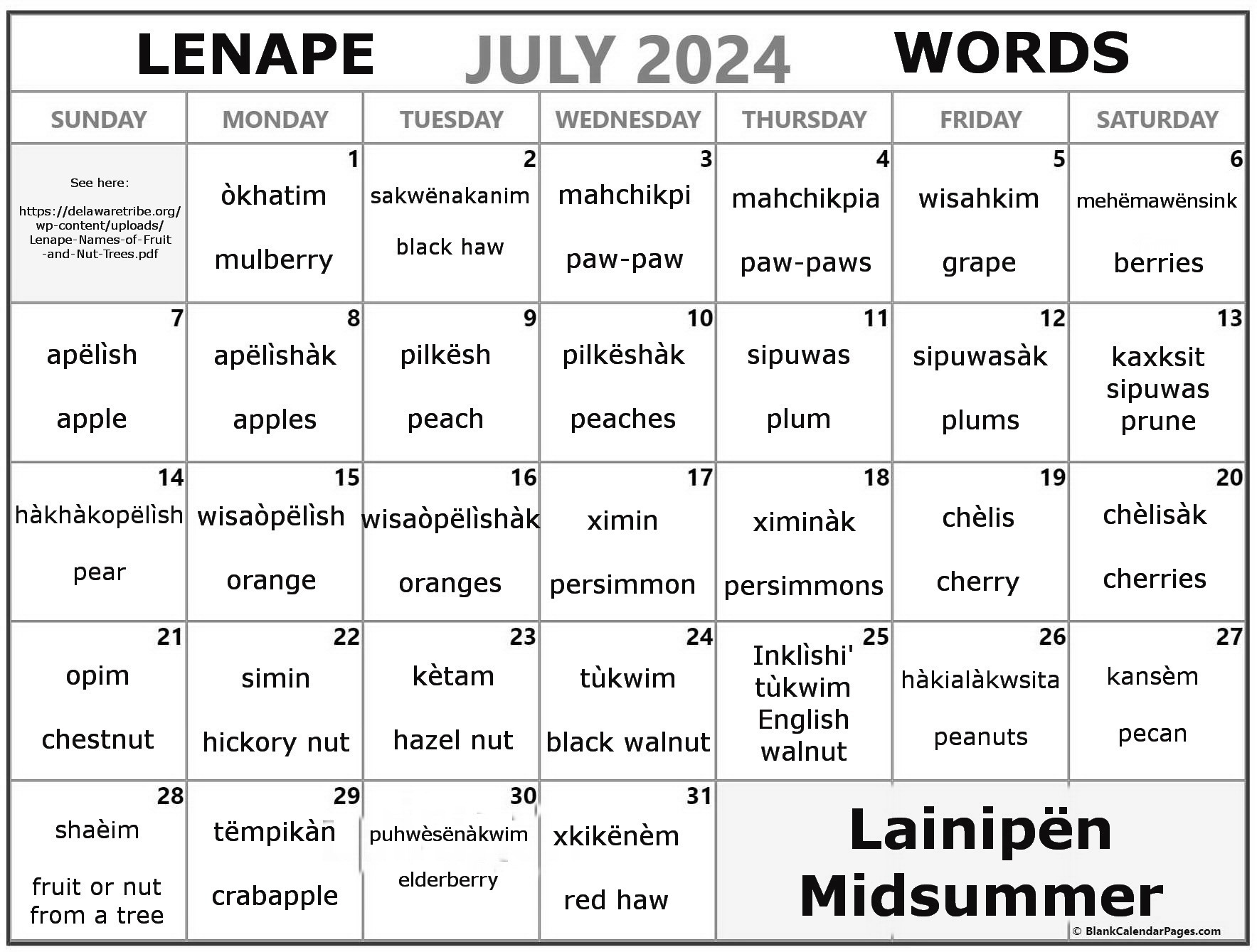 July 2024 Lenape Word-a-Day Calendar
