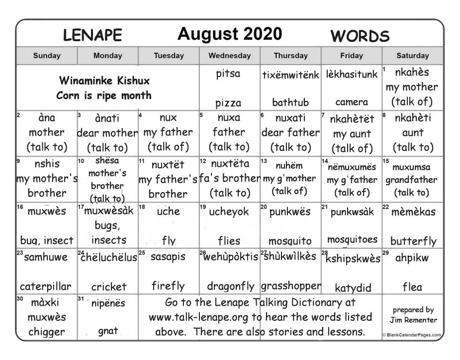 August 2020 Lenape Word-a-Day Calendar