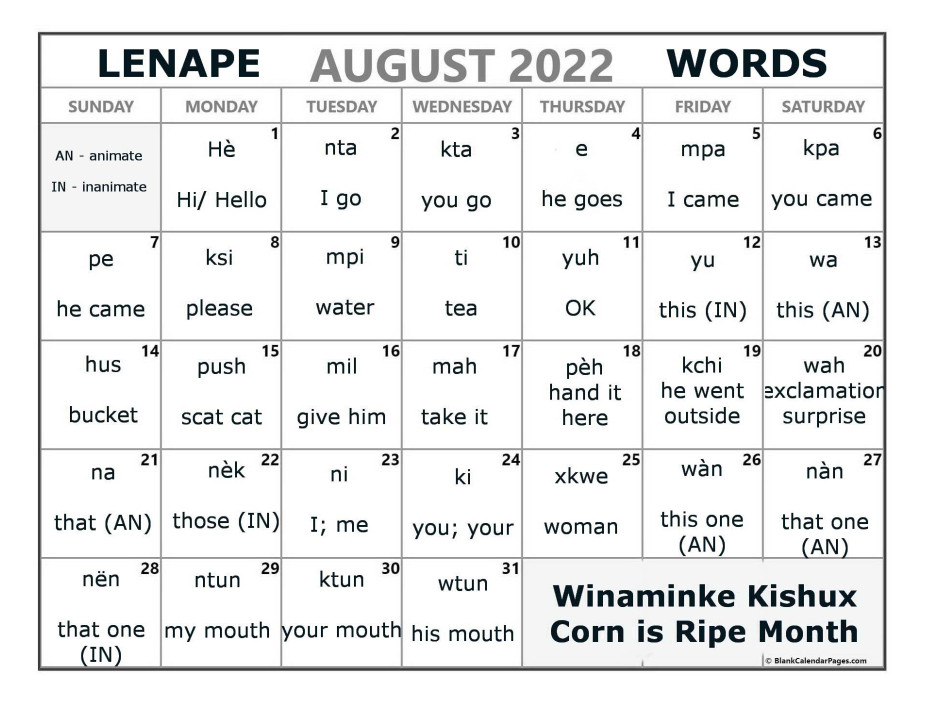 August 2022 Lenape Word-a-Day Calendar