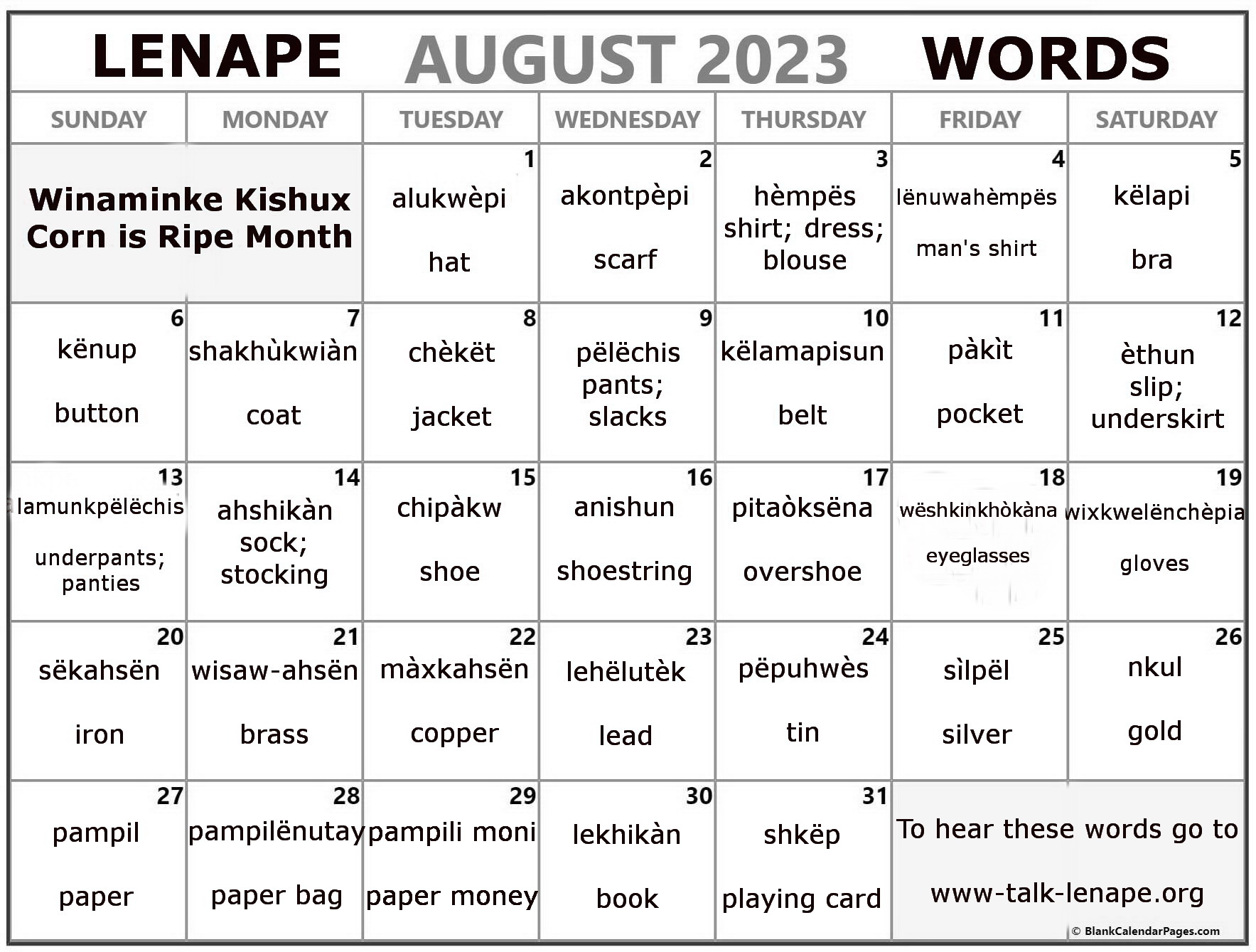 August 2023 Lenape Word-a-Day Calendar