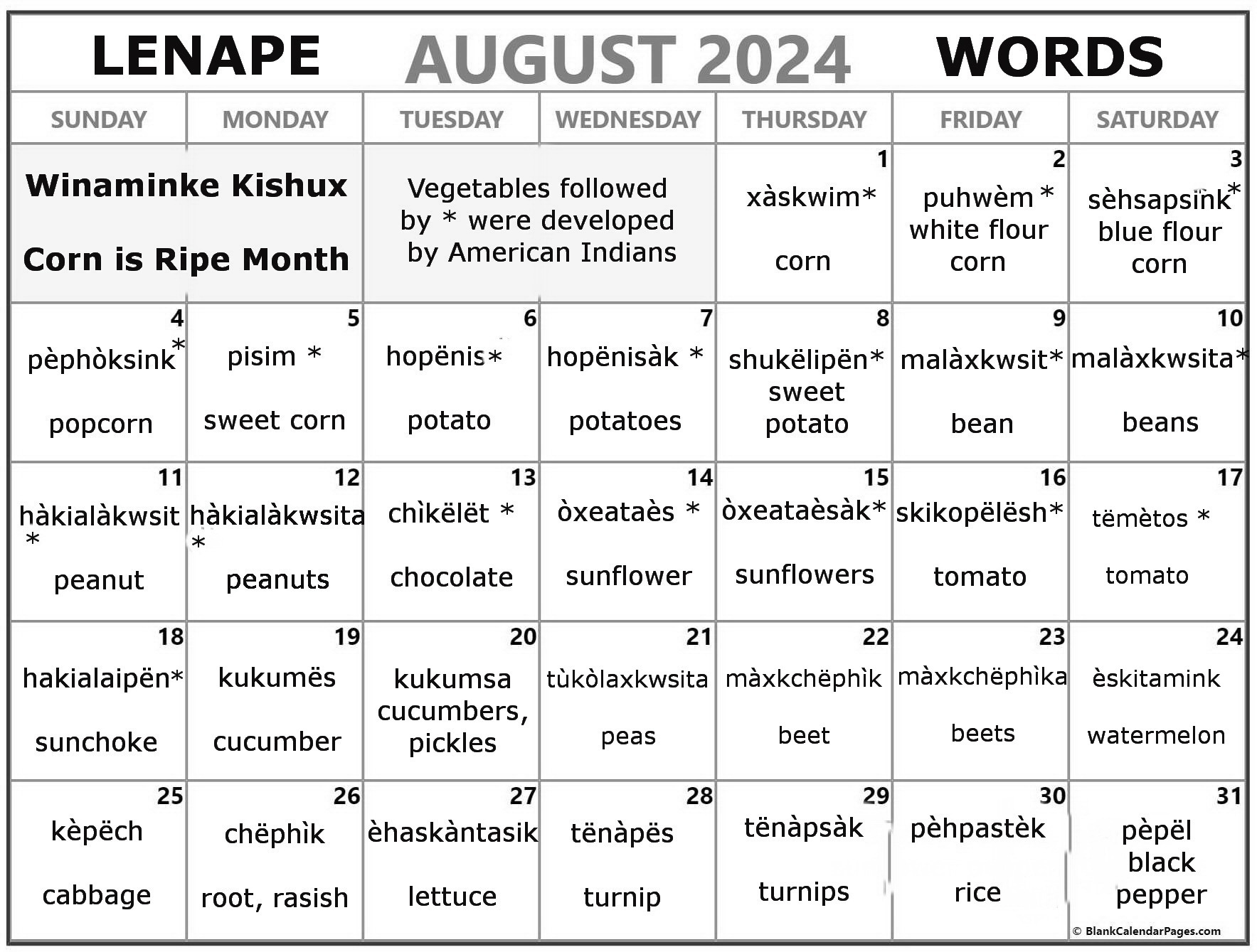 August 2024 Lenape Word-a-Day Calendar