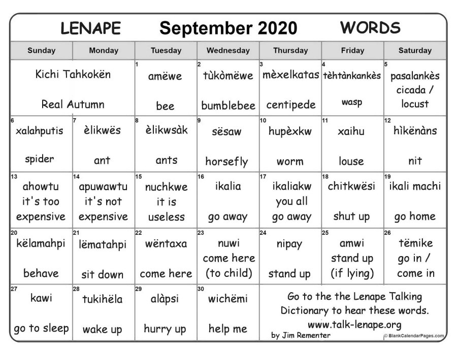 September 2020 Lenape Word-a-Day Calendar