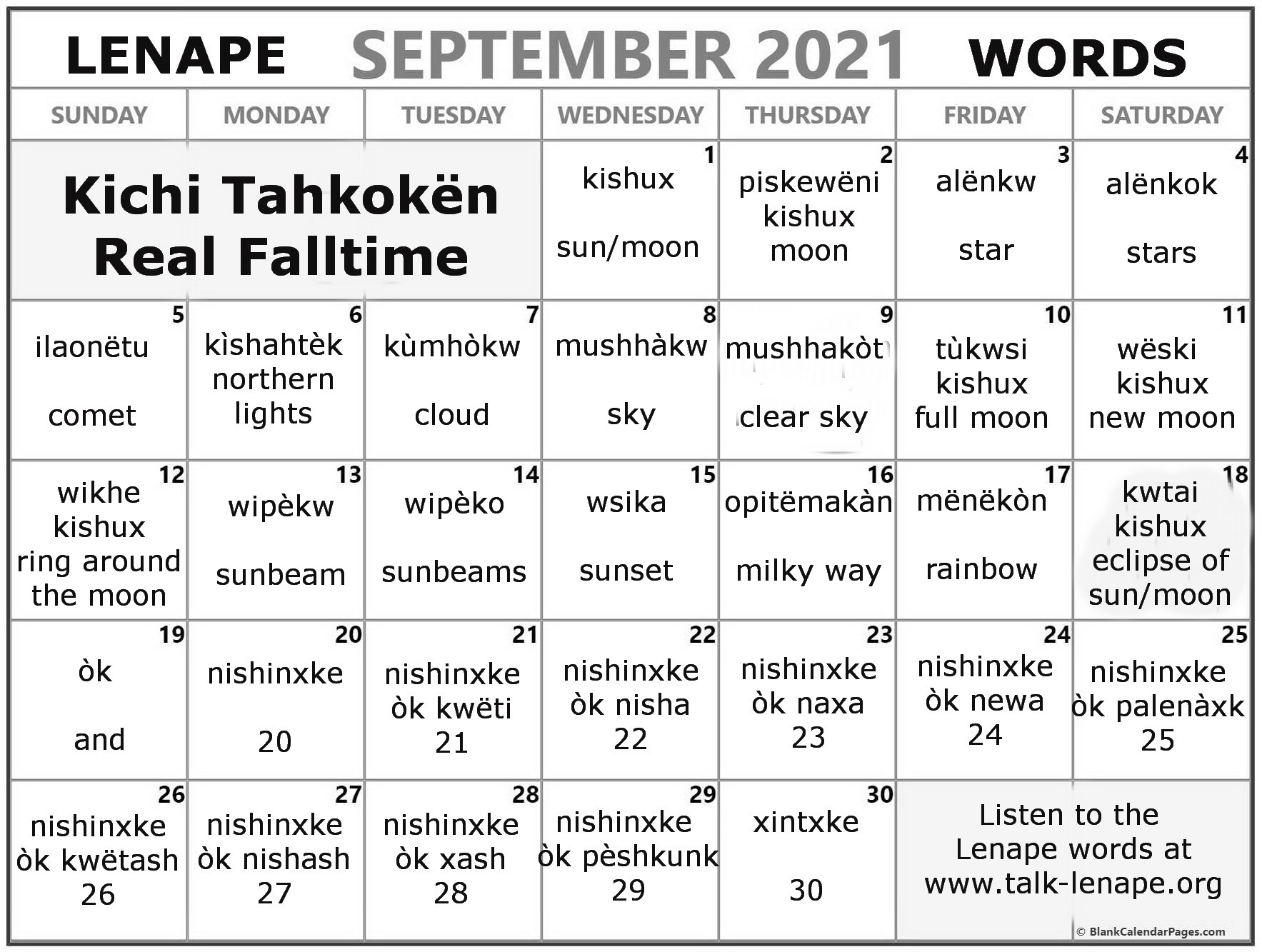 September 2021 Lenape Word-a-Day Calendar