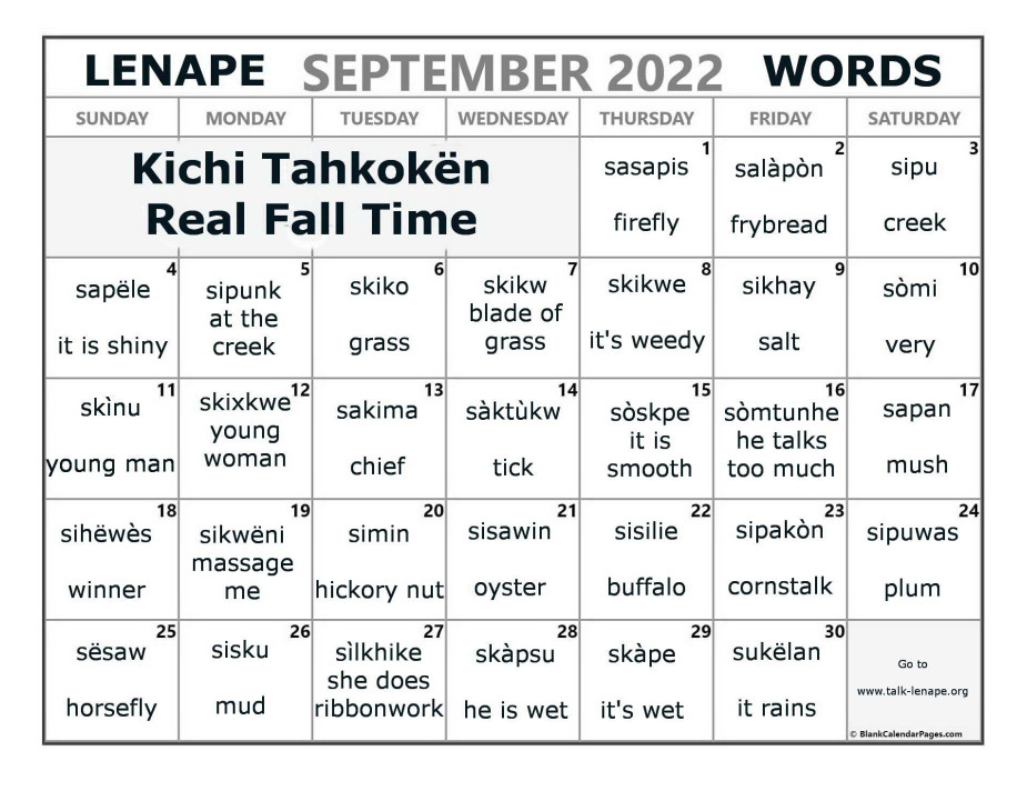September 2022 Lenape Word-a-Day Calendar