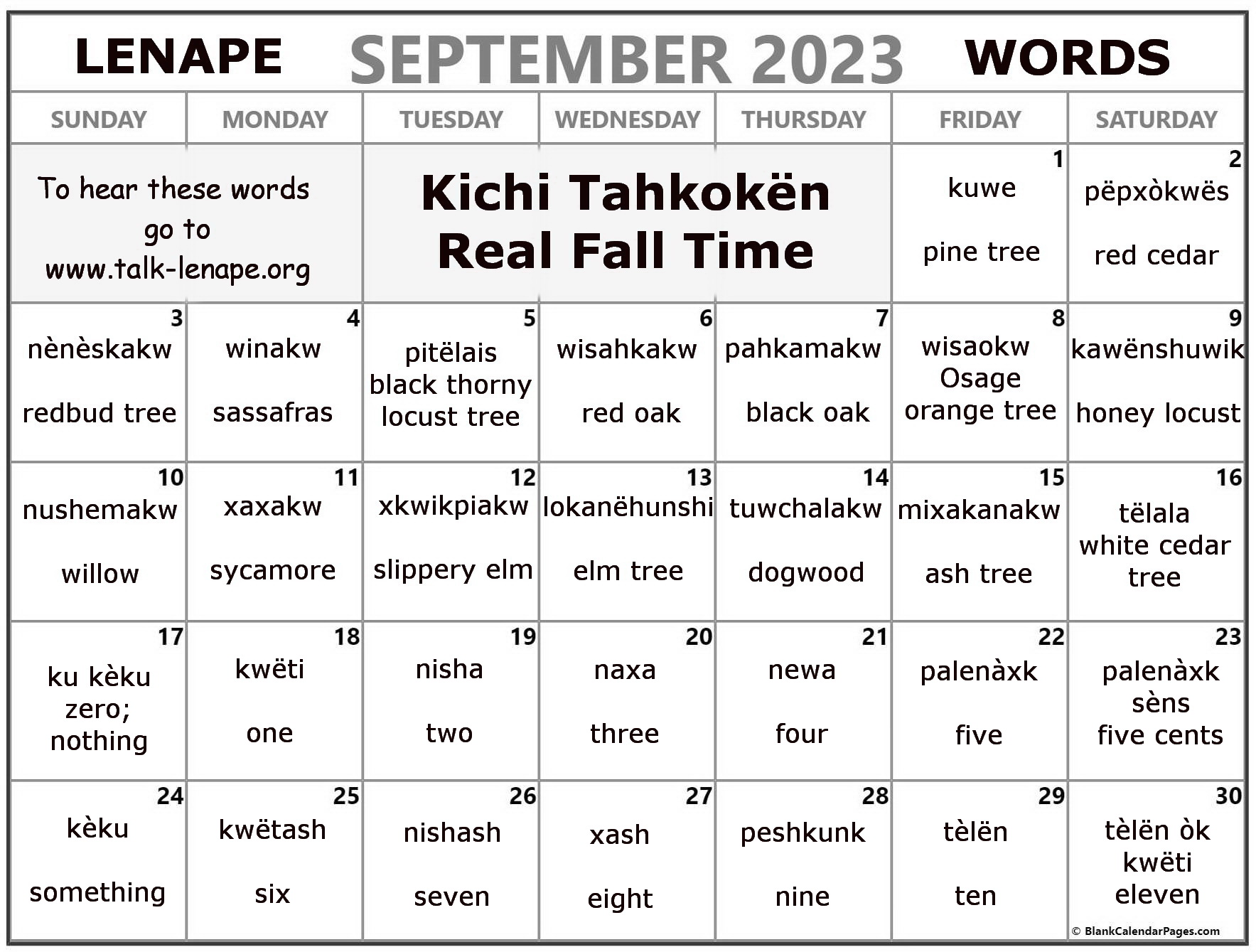 September 2023 Lenape Word-a-Day Calendar