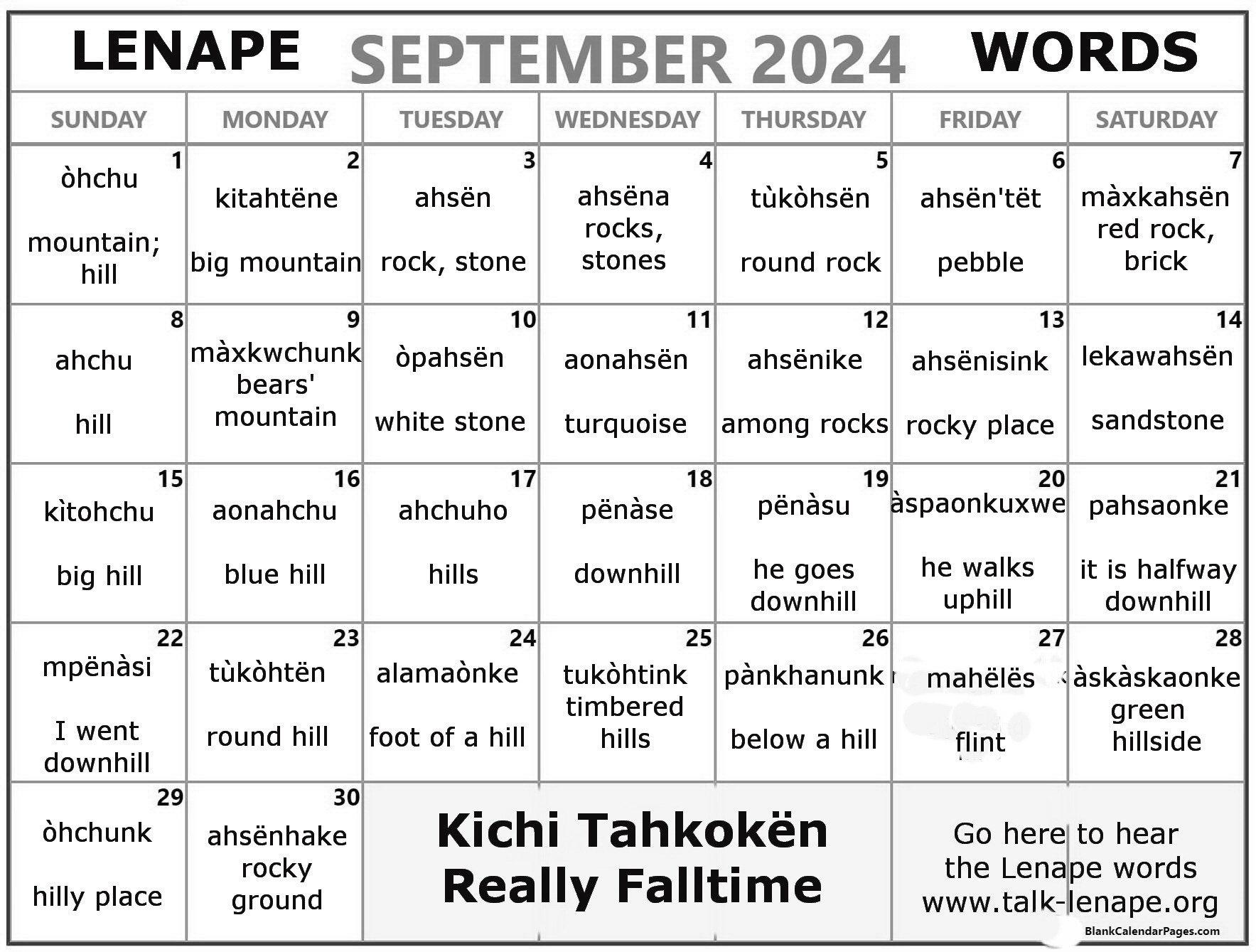 September 2024 Lenape Word-a-Day Calendar