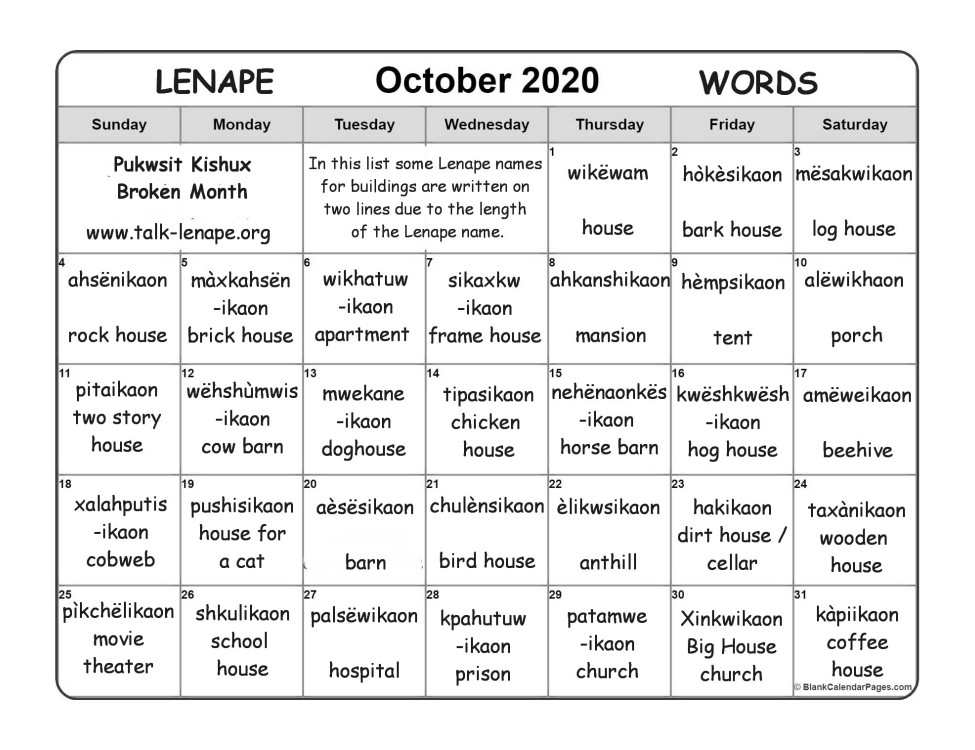 October 2020 Lenape Word-a-Day Calendar