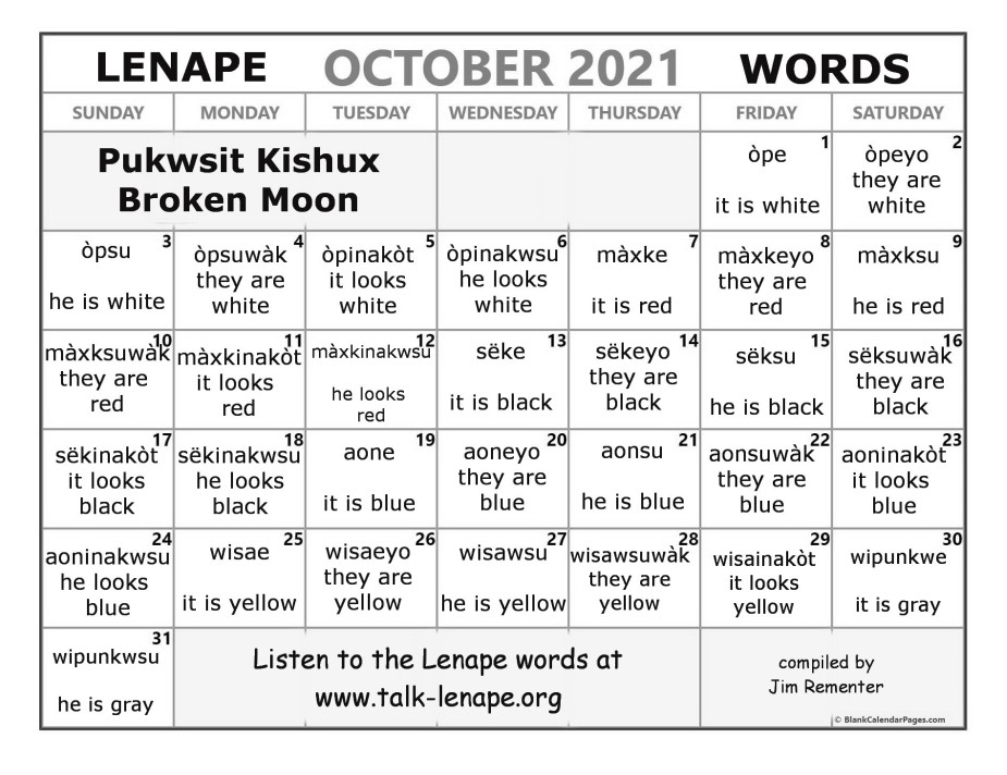 October 2021 Lenape Word-a-Day Calendar