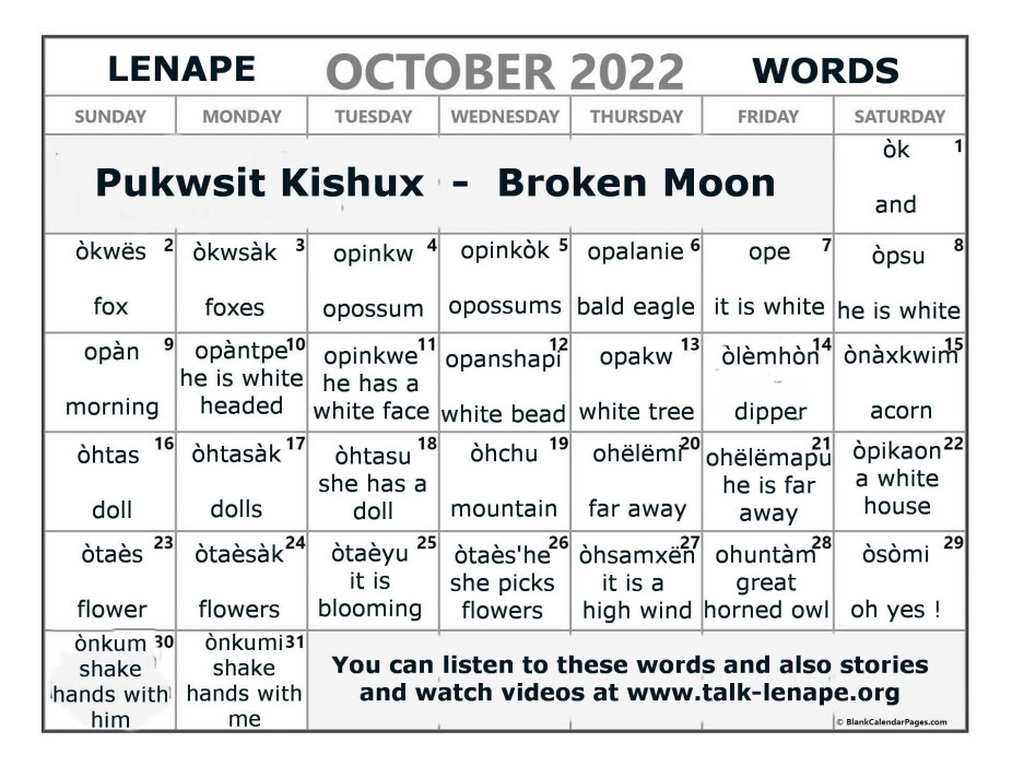 October 2022 Lenape Word-a-Day Calendar