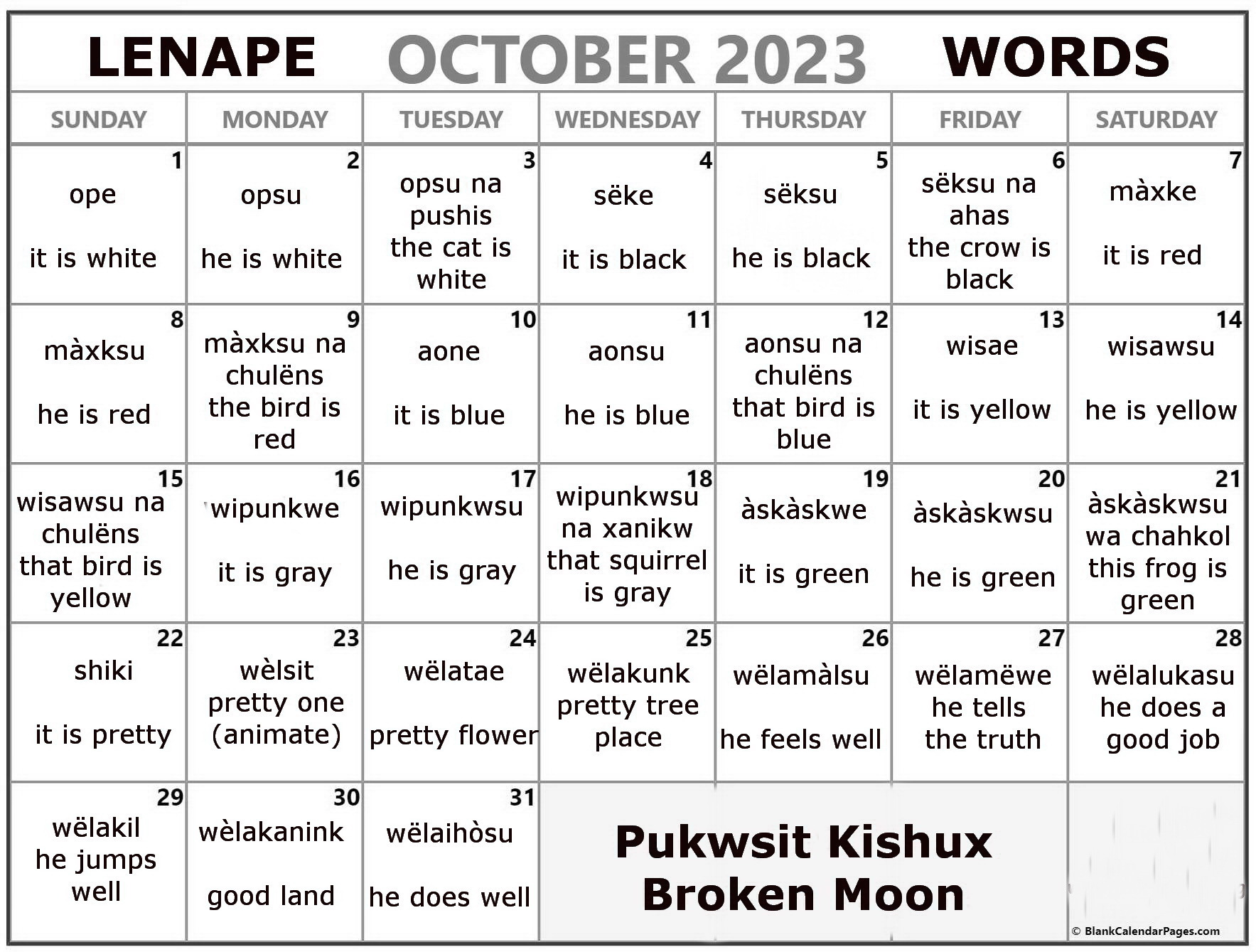 October 2023 Lenape Word-a-Day Calendar