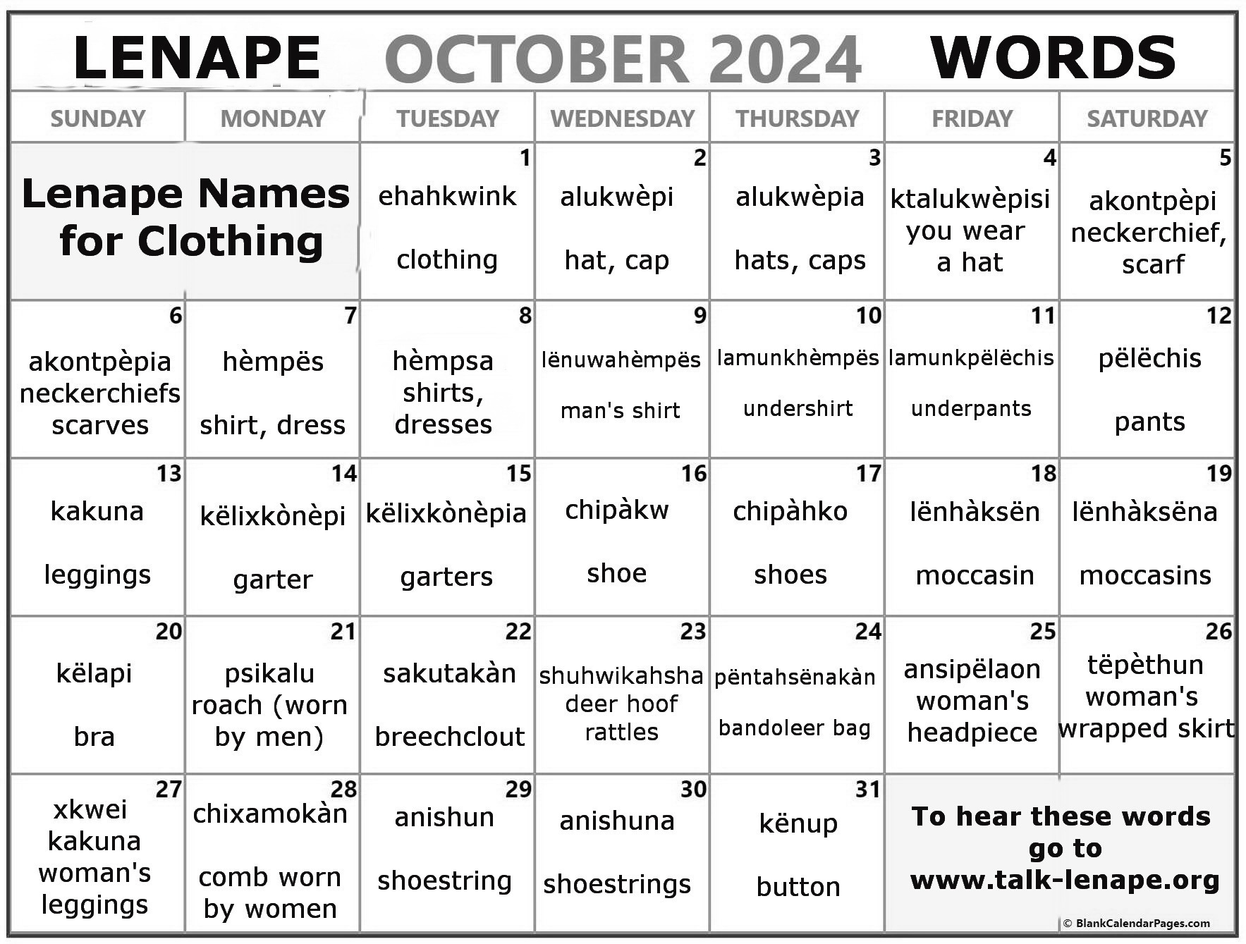 October 2024 Lenape Word-a-Day Calendar