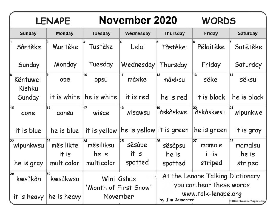 November 2020 Lenape Word-a-Day Calendar