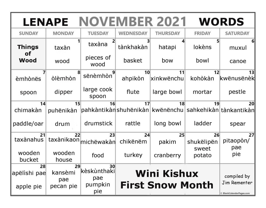 November 2021 Lenape Word-a-Day Calendar