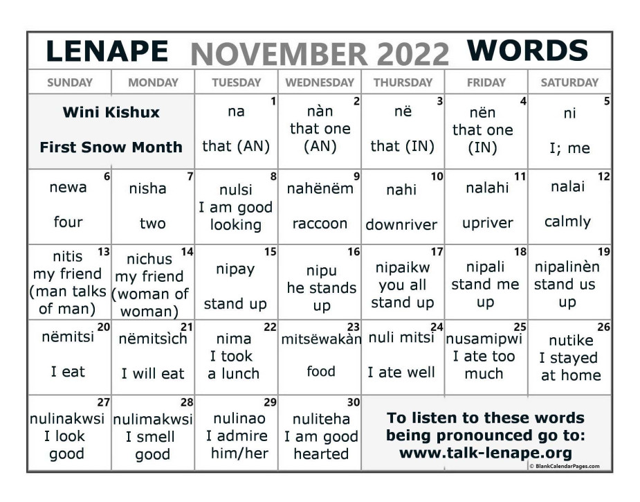November 2022 Lenape Word-a-Day Calendar
