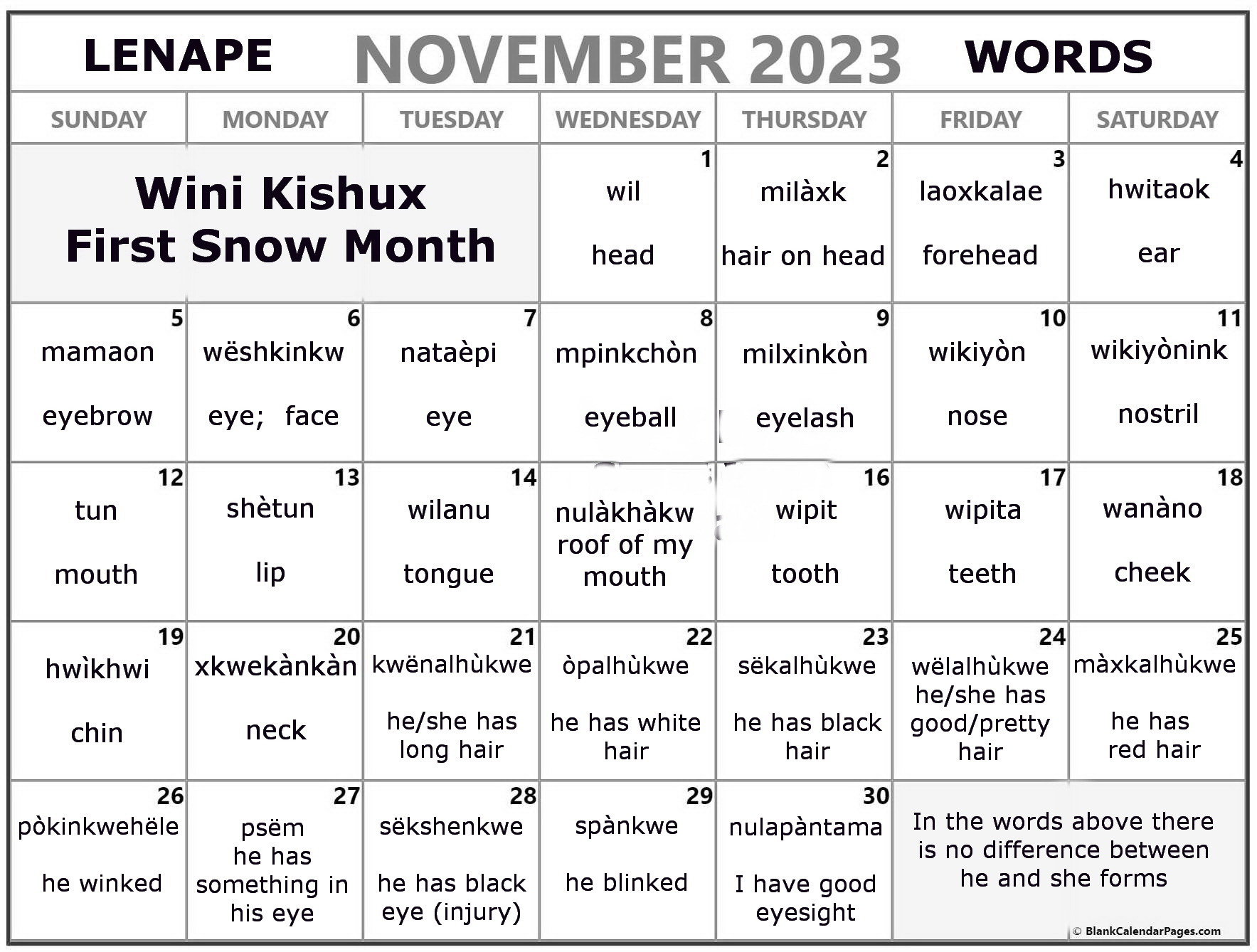 November 2023 Lenape Word-a-Day Calendar