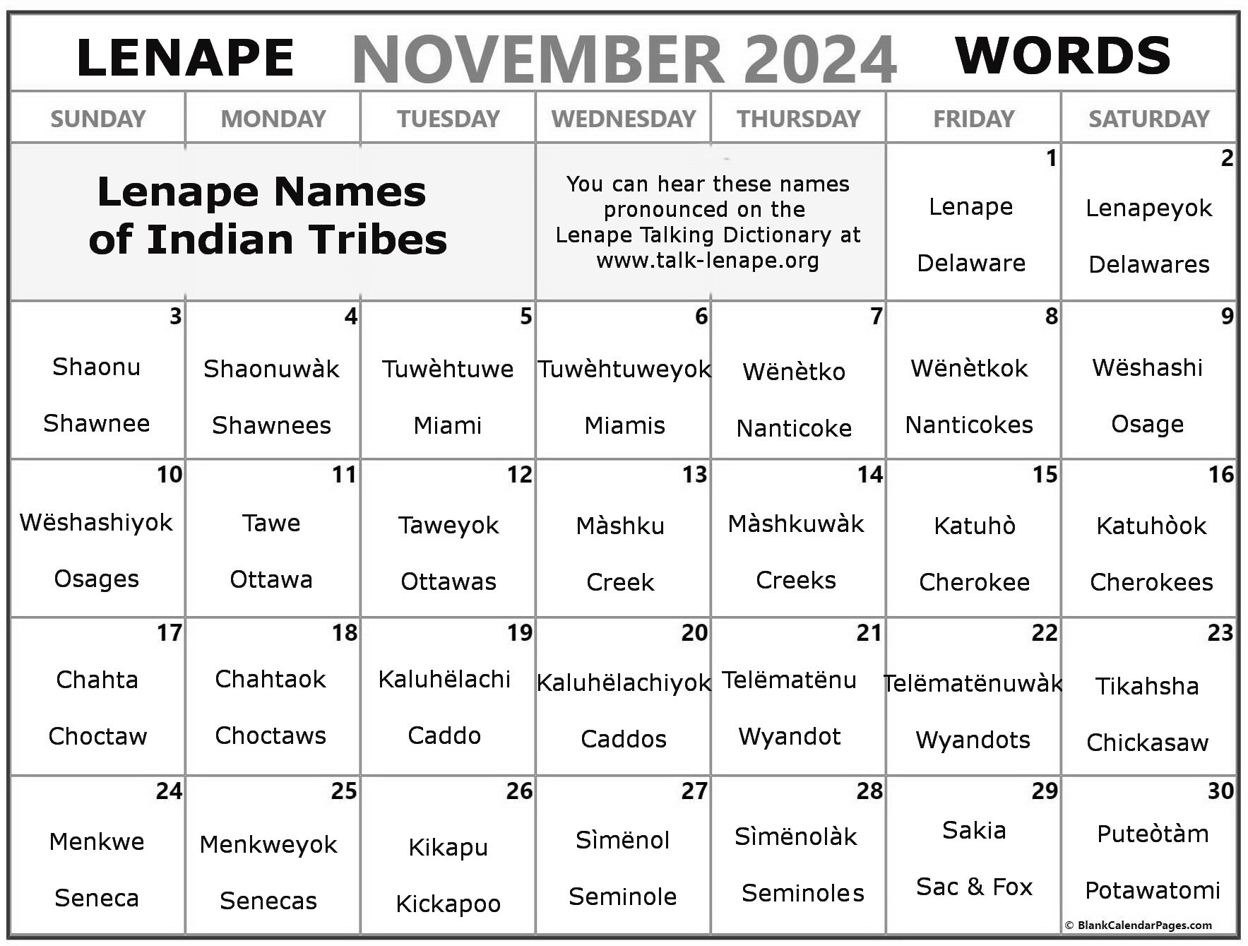 November 2024 Lenape Word-a-Day Calendar