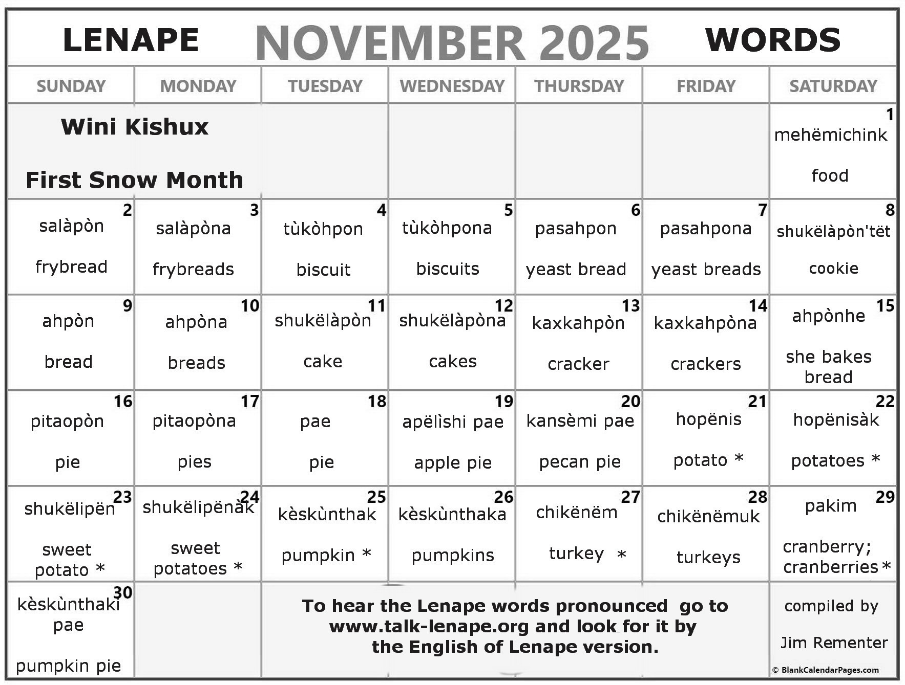 November 2025 Lenape Word-a-Day Calendar
