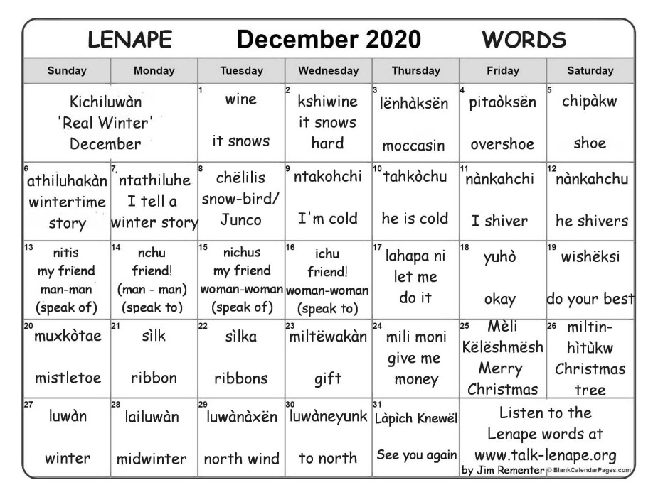 December 2020 Lenape Word-a-Day Calendar