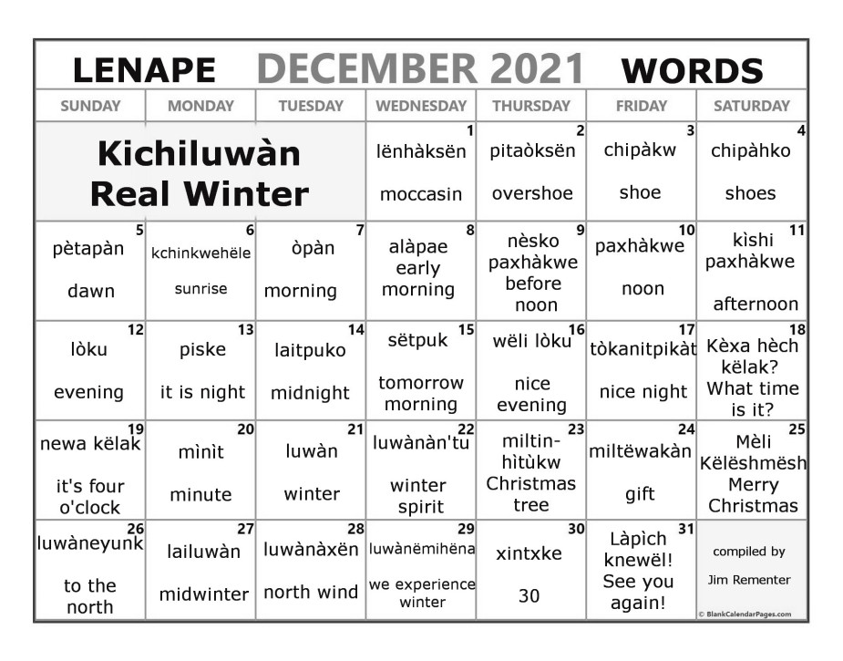 December 2021 Lenape Word-a-Day Calendar