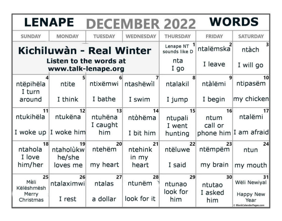 December 2022 Lenape Word-a-Day Calendar
