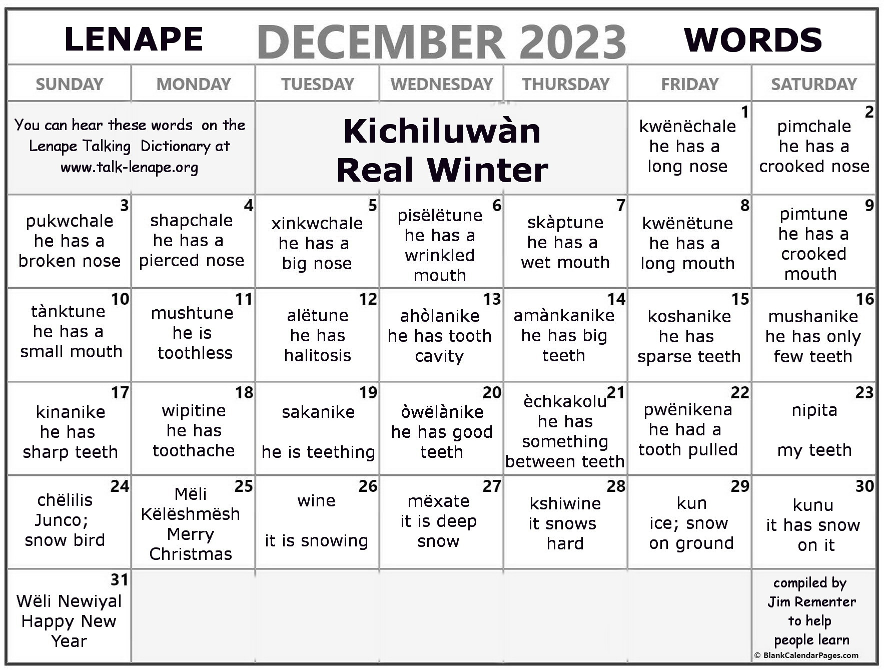 December 2023 Lenape Word-a-Day Calendar