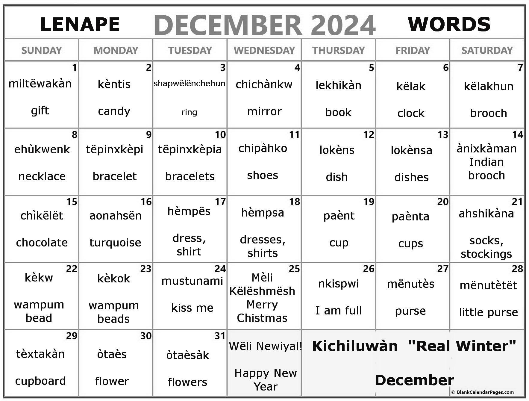 December 2024 Lenape Word-a-Day Calendar