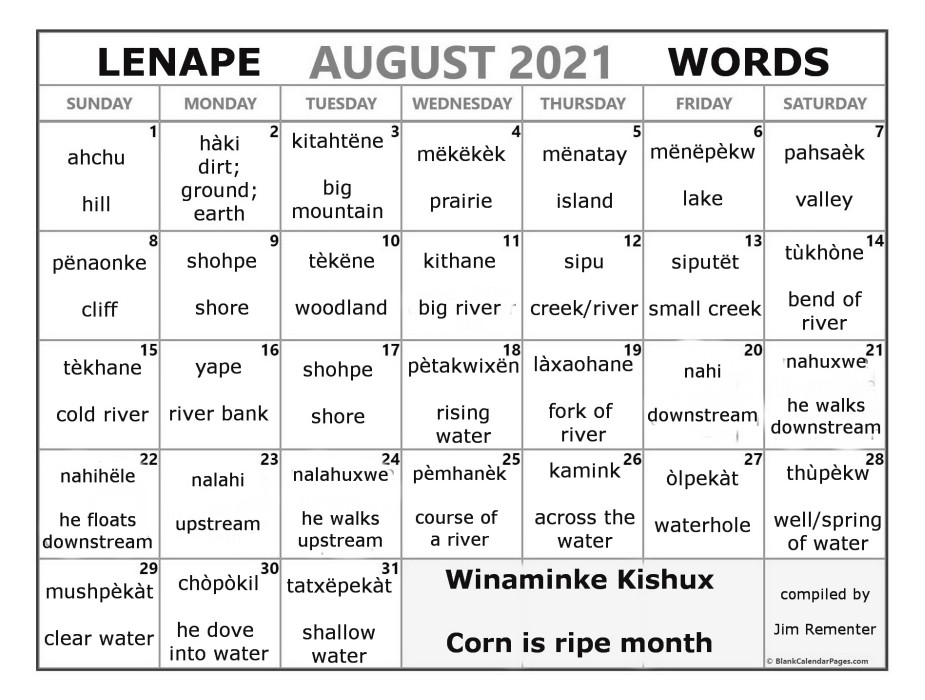 August 2021 Lenape Word-a-Day Calendar