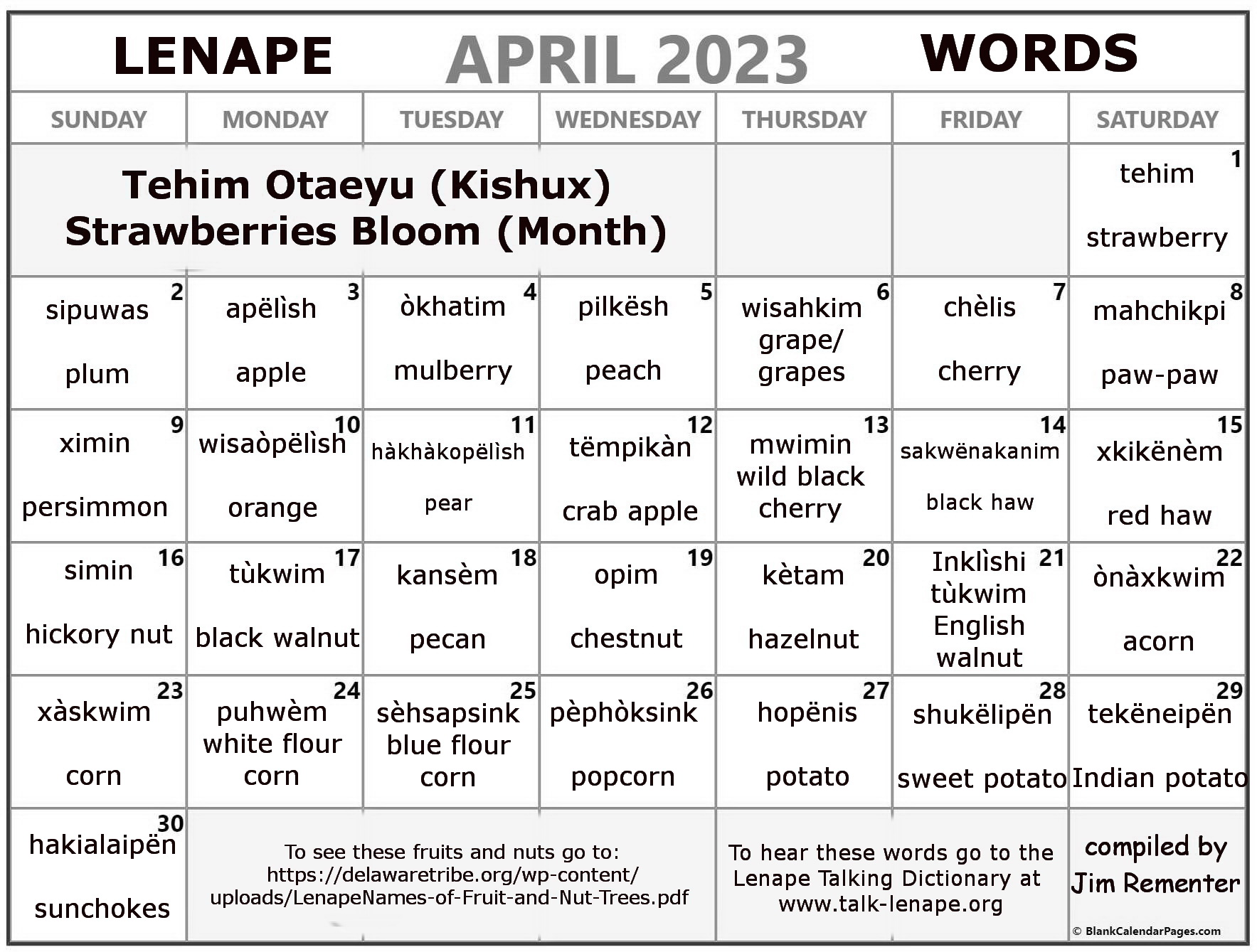 April 2023 Lenape Word-a-Day Calendar