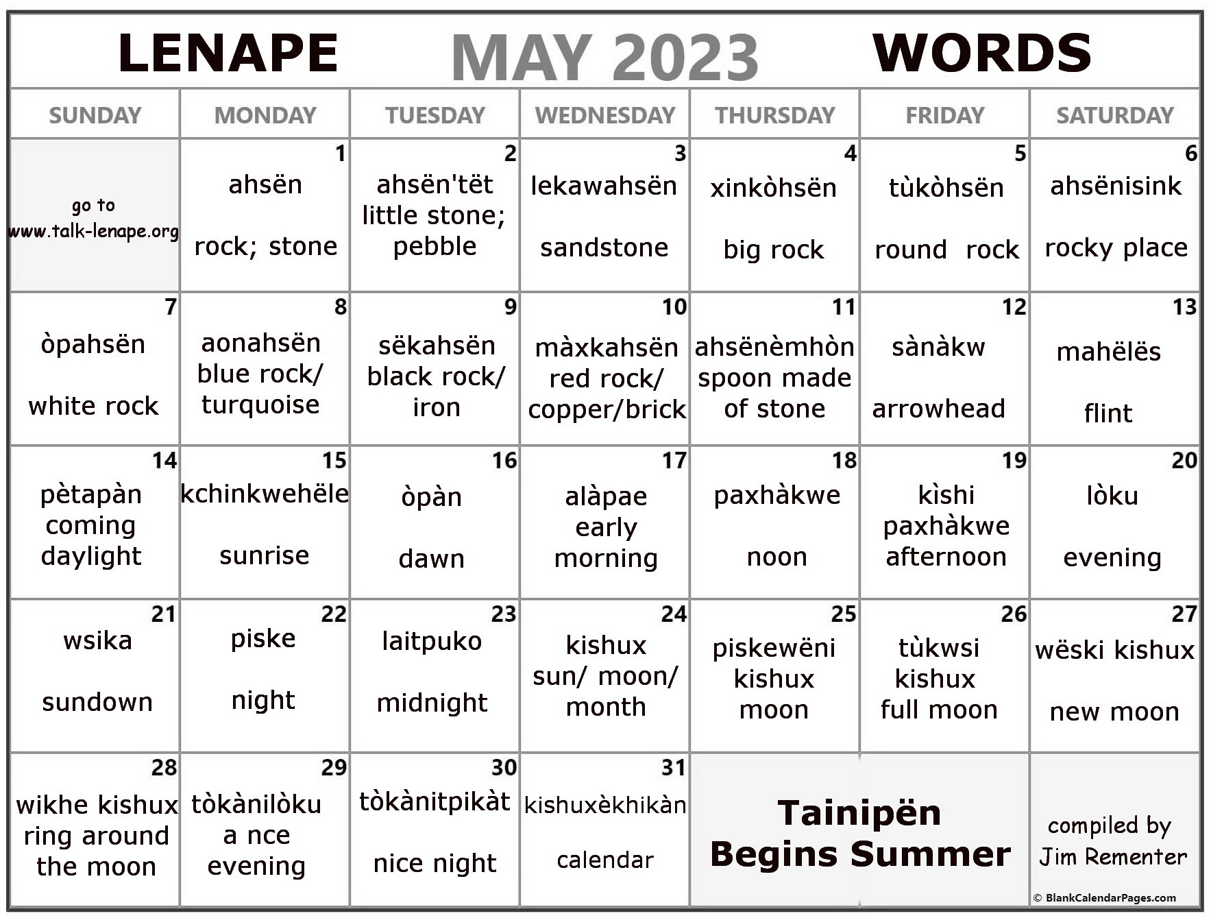 May 2023 Lenape Word-a-Day Calendar