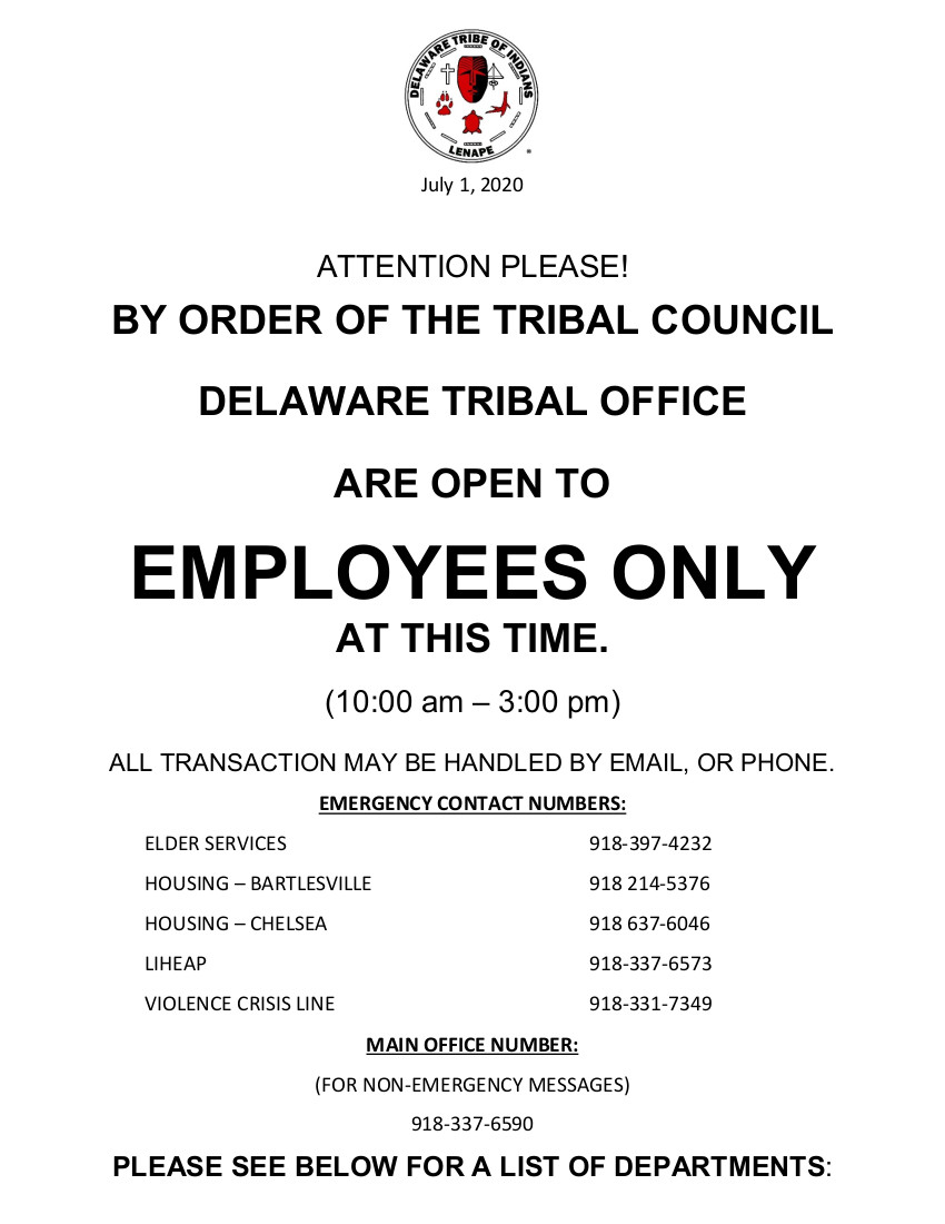 Delaware Tribal Offices Open to Employees Only